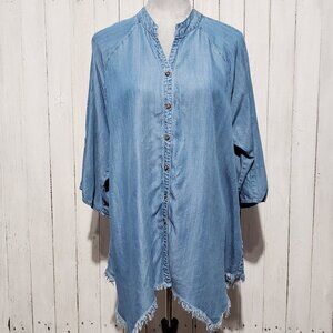 Hester Orchard XL Tunic Top Chambray Blue Fringe Hem Boho Coastal Casual Comfy